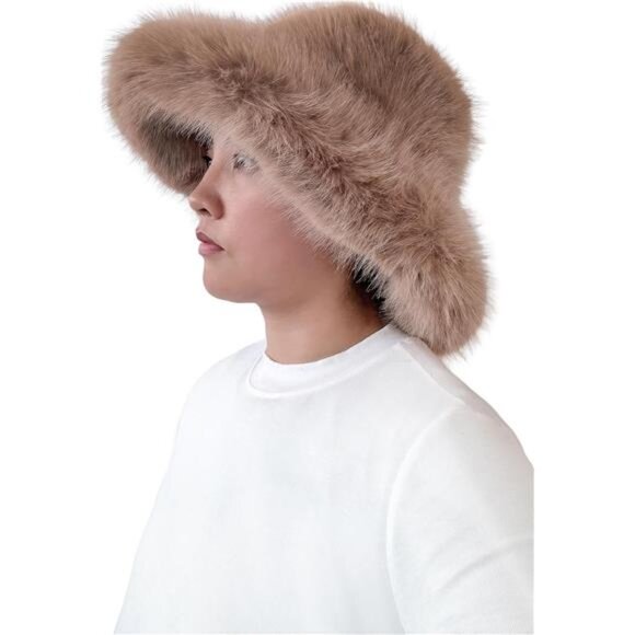 Oversized Winter Faux Fur Bucket Hat for Women Camel - Picture 3 of 5